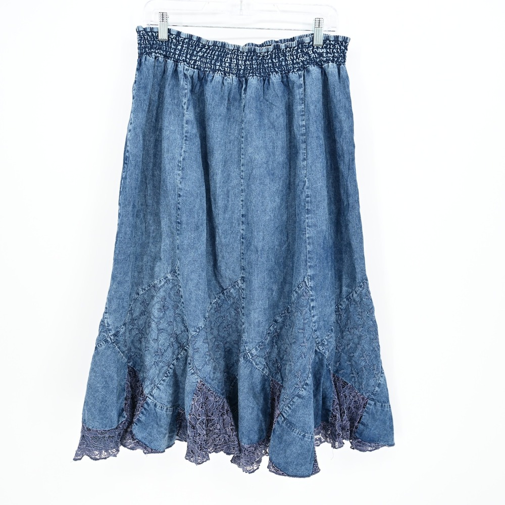 Reba Woman Women's Blue Lace Trim Smocked Waist Denim Midi Skirt Size 2X